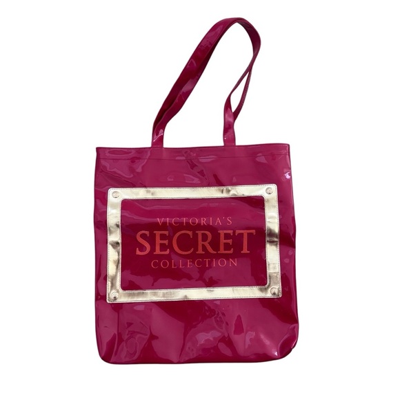 Victoria's Secret Handbags - Victoria Secrets Vinyl Tote Bag Hot Pink w/Gold Trim Animal Print Lining